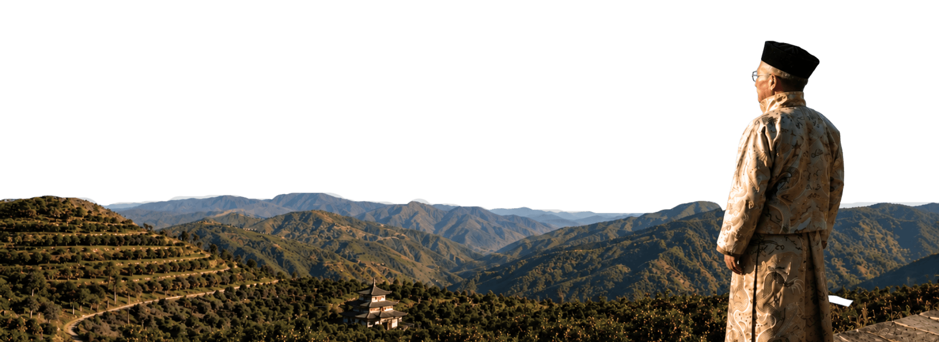 Sikkim farmer in traditional attire standing against a scenic Himalayan mountain valley backdrop